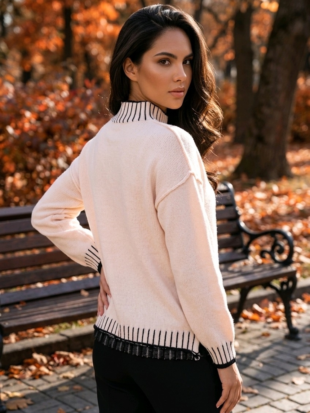 Cream Crewneck Sweater with Black Trim - Women's Sweater - Picture 5 of 15